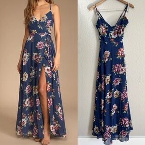 NWOT Always There For Me Navy Blue Floral Print Wrap Maxi Dress